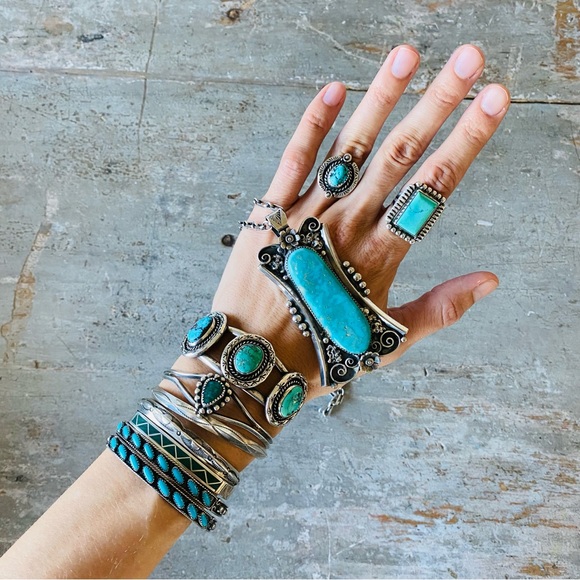 ♥️ Native American ♥️ Vintage Sterling Silver & Turquoise Stacker Cuff - Picture 14 of 16